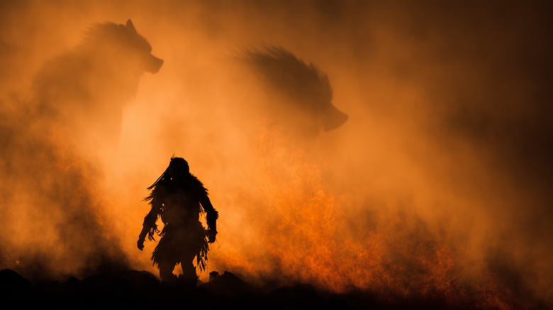 u2226864692_Prehistoric_hunter_in_silhouette_with_tribal_paint__e466cfd9-3e85-4826-bec8-d54d62d23235